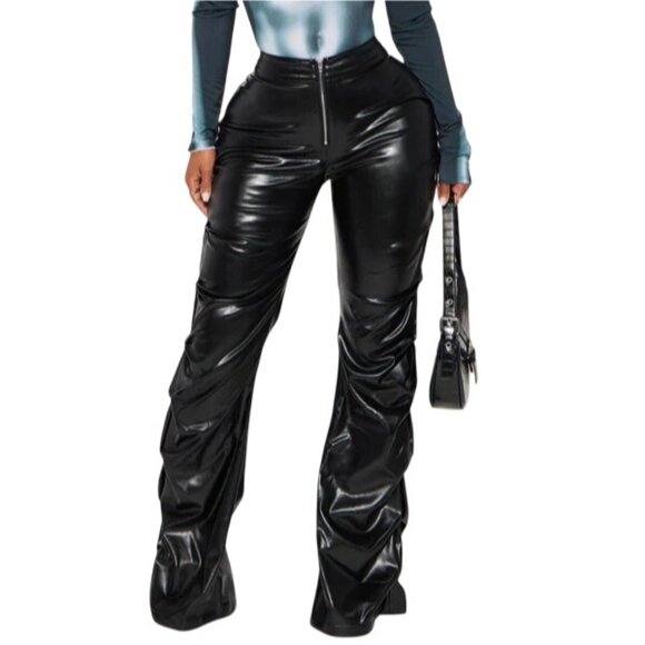 Fashion Nova‎ Make it Hot Stacked Leather Pants in Black XS NWT - Picture 2 of 7